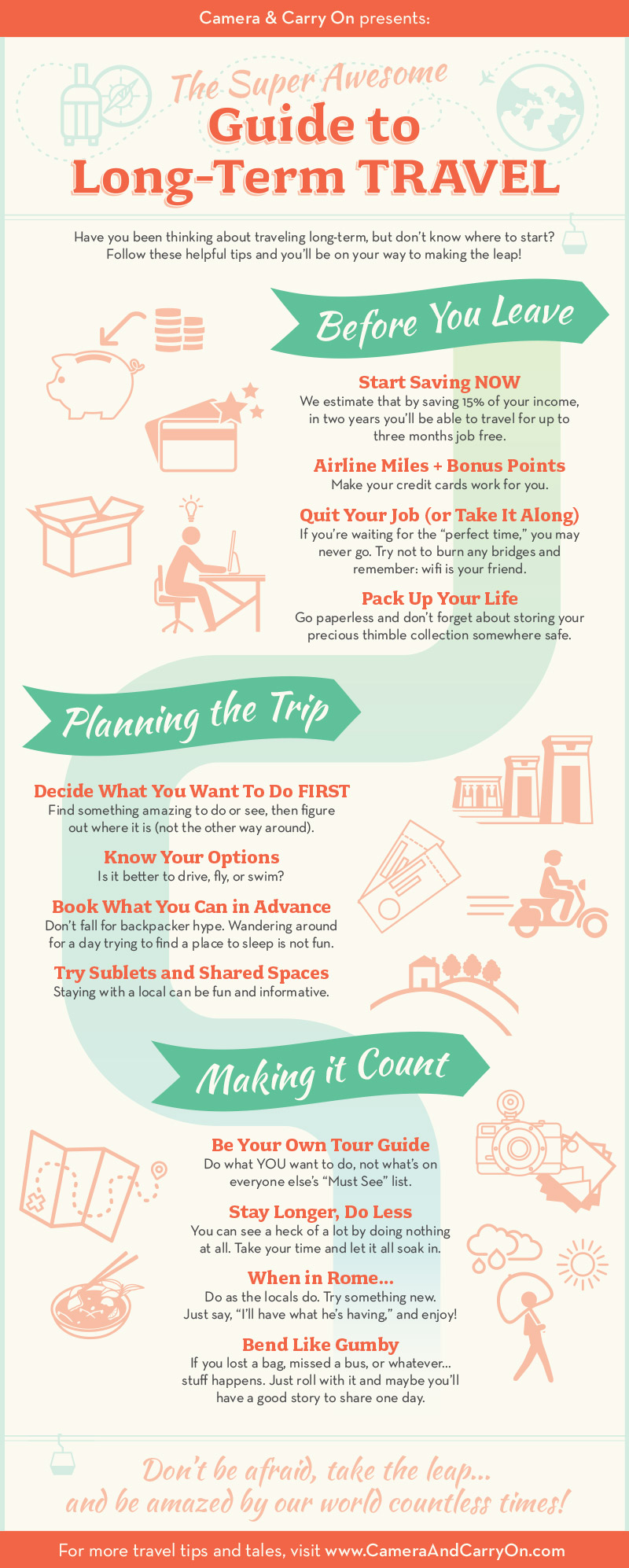 Super Awesome Guide to Long Term Travel — Our easy to follow infographic on how to make the dream of long term travel a reality, with tips for before, planning, and making it count! #infographic #travel #guide #longterm #tip #resource – small infographic | CameraAndCarryOn.com